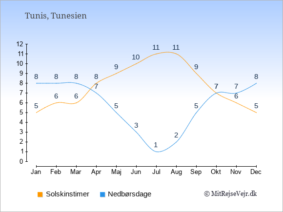 Vejret i Tunesien: Solskinstimer og nedbør.