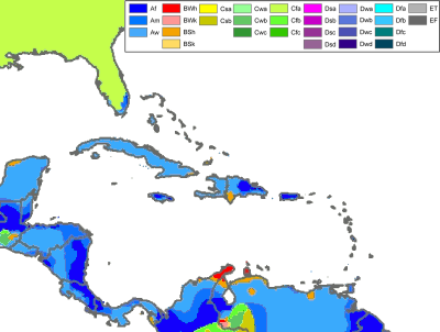 Kort der viser klimazonerne i Caribien.